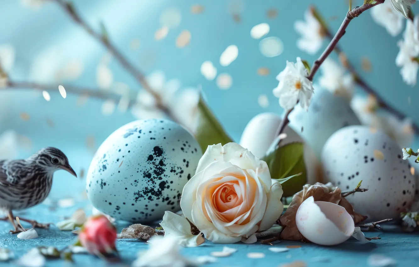 Photo wallpaper flowers, branches, holiday, blue, roses, eggs, Easter, white
