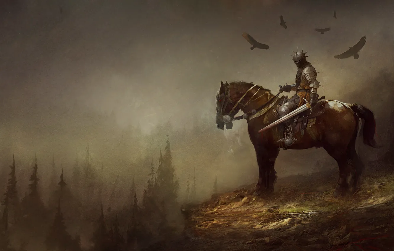 Photo wallpaper Horse, Forest, Armor, Sword, Horse, Fantasy, Knight, Fiction