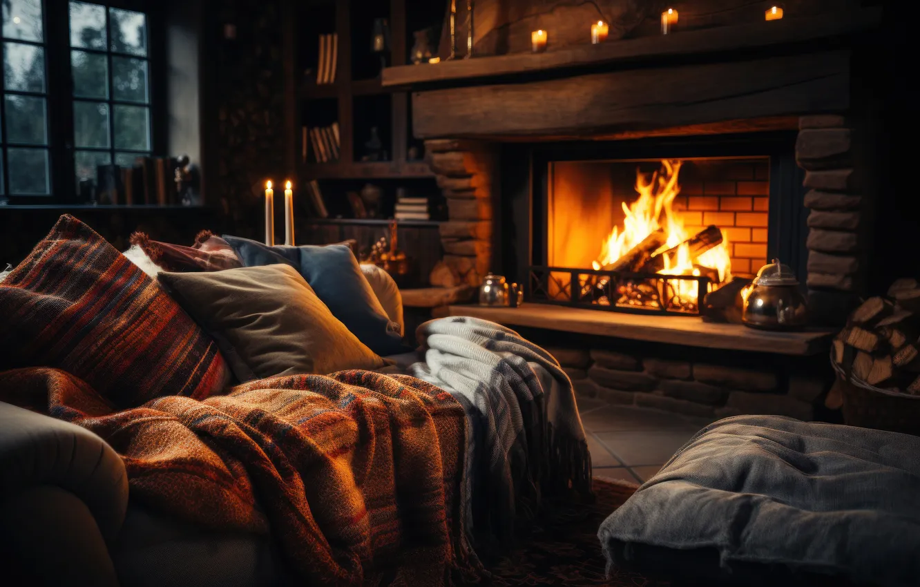 Photo wallpaper winter, snow, lights, comfort, room, sofa, the evening, candles