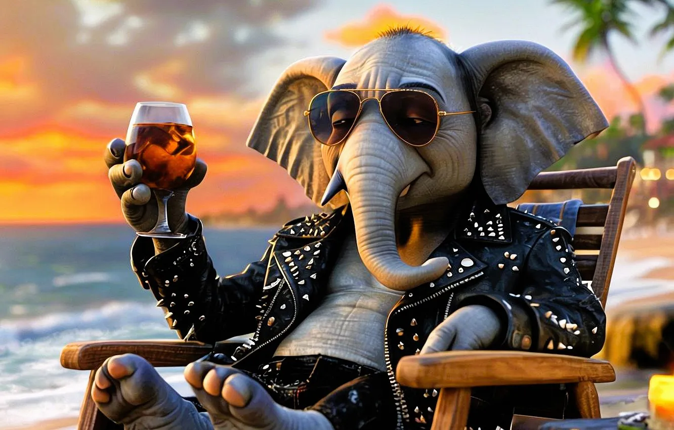 Photo wallpaper palm trees, stay, relax, glass, elephant, humor, positive, jacket