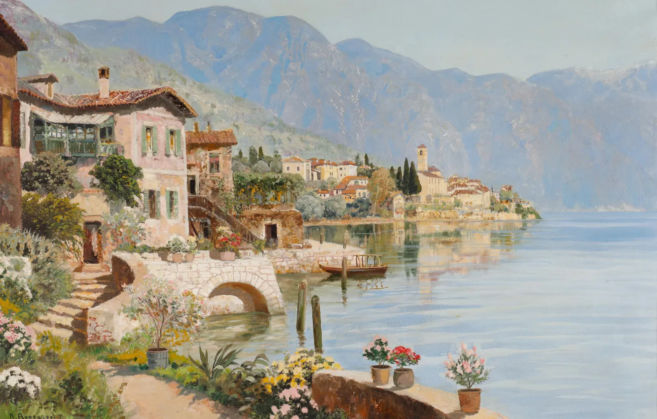 Photo wallpaper trees, mountains, lake, home, picture, Alois Arnegger, Austrian painter, Alois Arnegger