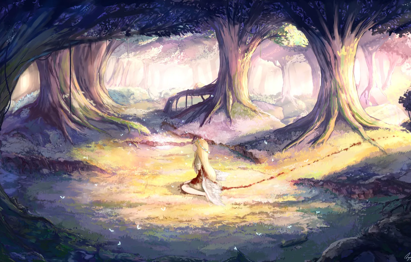 Photo wallpaper forest, girl, trees, nature, blood, wings, angel, anime