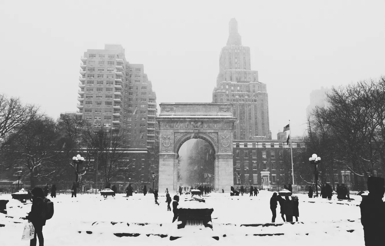 Photo wallpaper USA, United States, Washington Square Park, blizzard, New York, Manhattan, NYC, New York City
