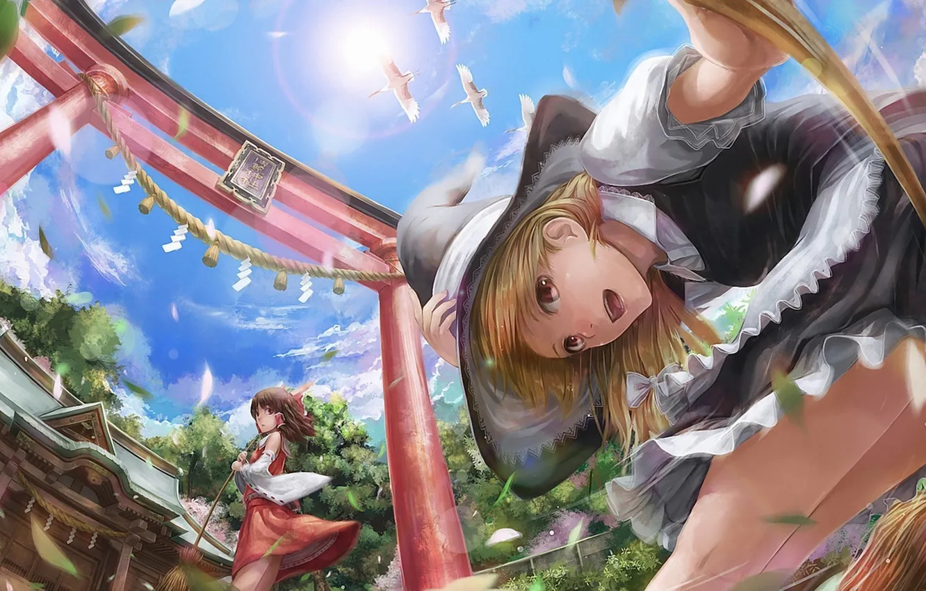 Photo wallpaper girl, the wind, hat, art, witch, broom, the gates, touhou
