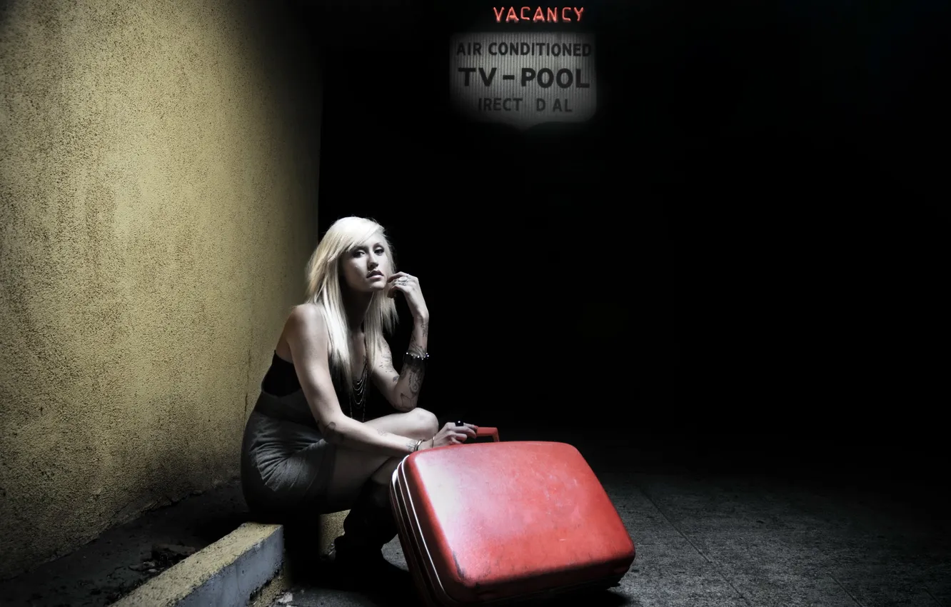 Photo wallpaper girl, mood, suitcase