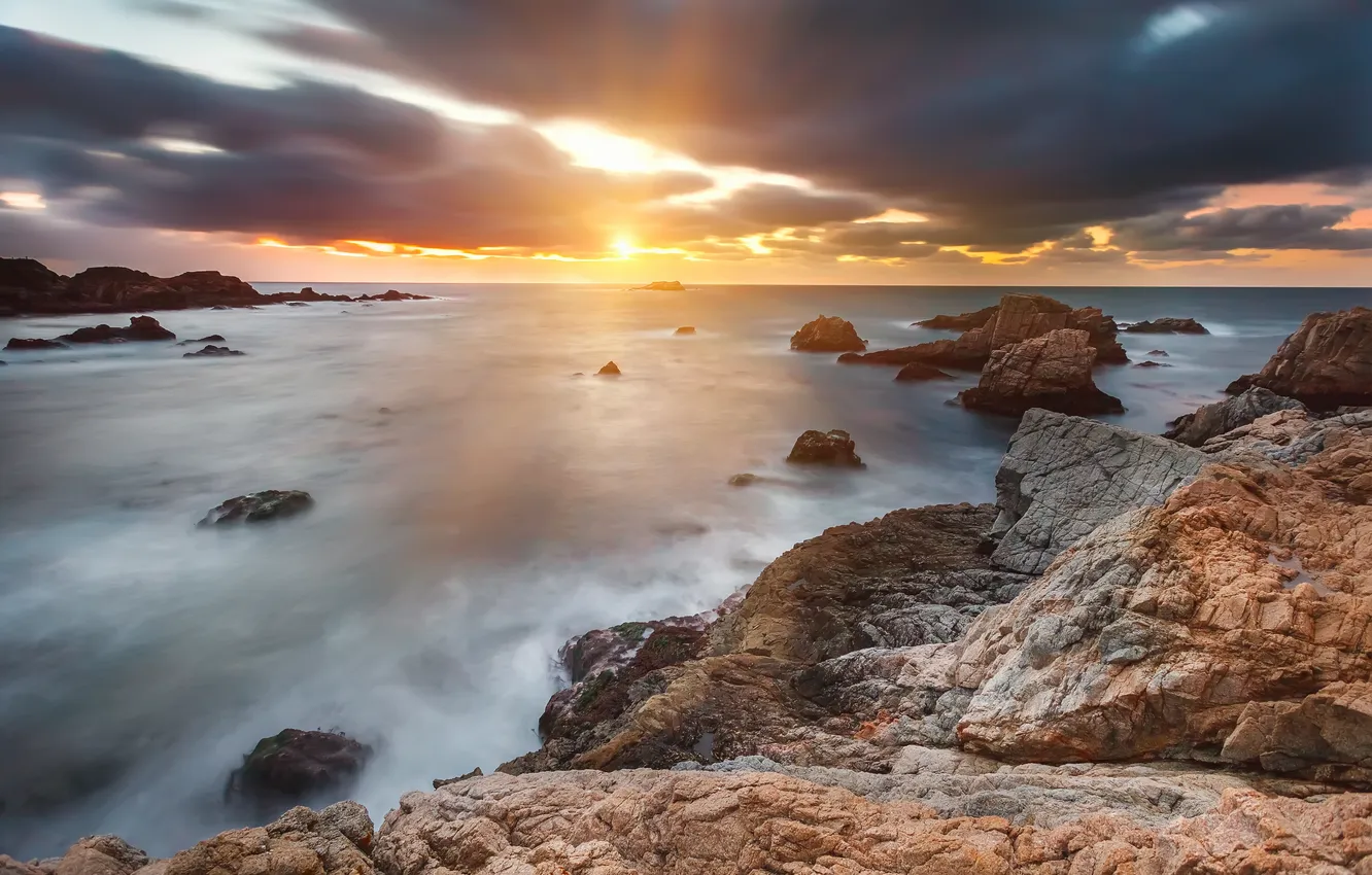 Photo wallpaper sea, sunset, stones, rocks