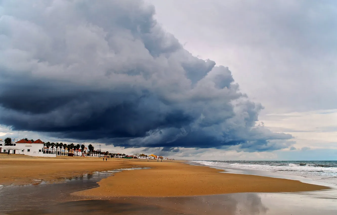 Photo wallpaper sand, sea, the storm, beach, palm trees, home, cloud