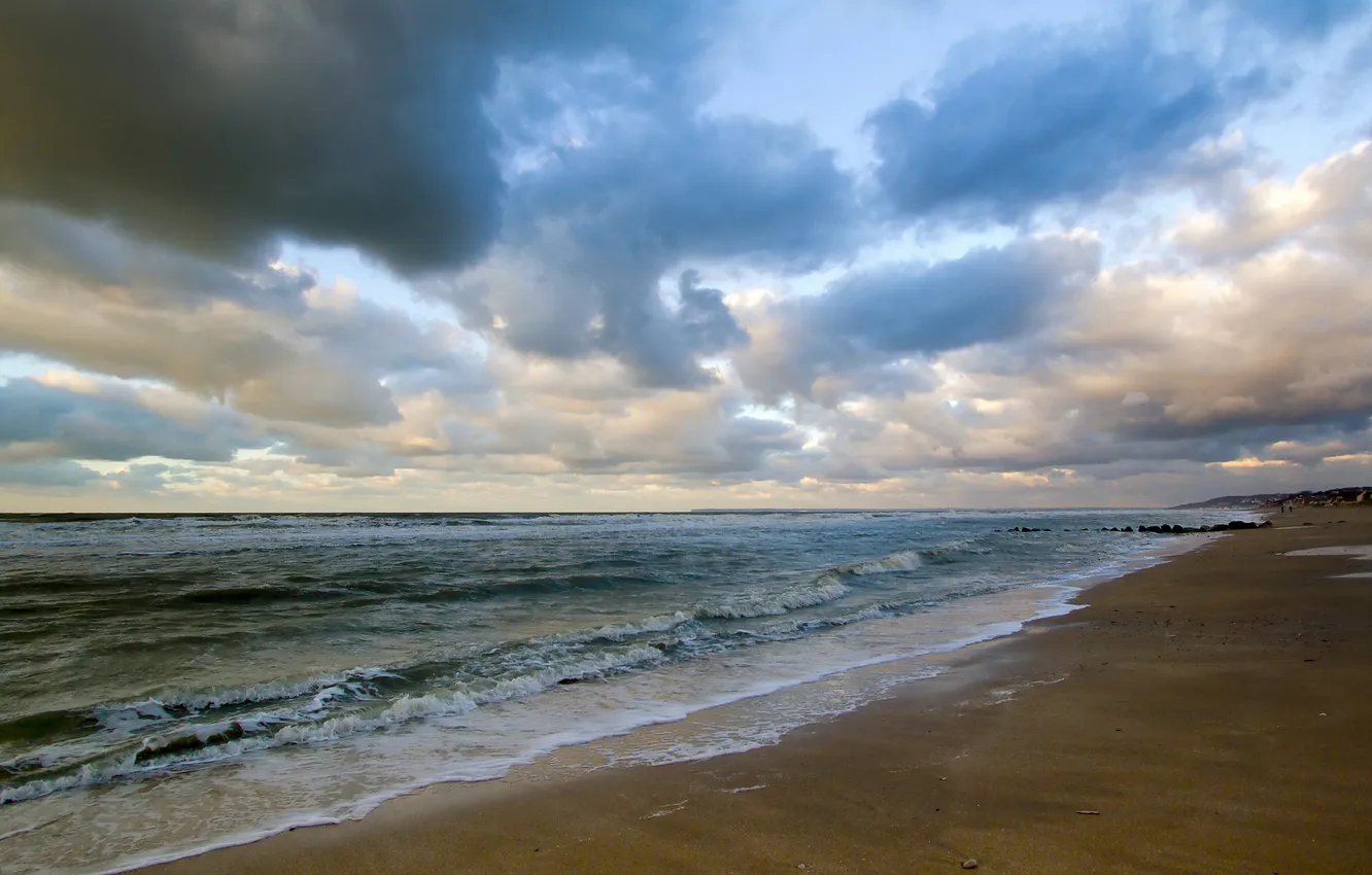 Photo wallpaper sea, wave, beach, the sky, clouds