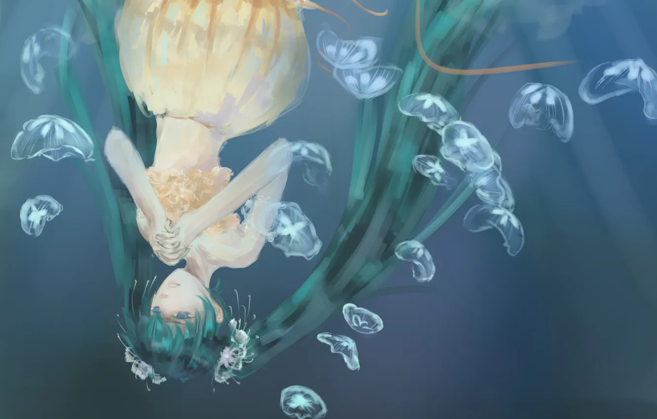 Photo wallpaper water, girl, jellyfish, vocaloid, hatsune miku, green hair