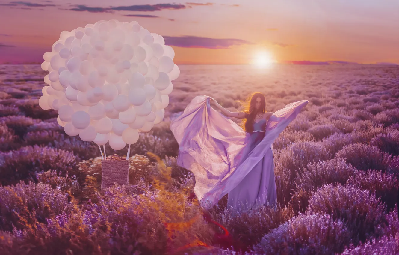 Photo wallpaper field, girl, light, nature, balloons, morning, lavender, lavender field