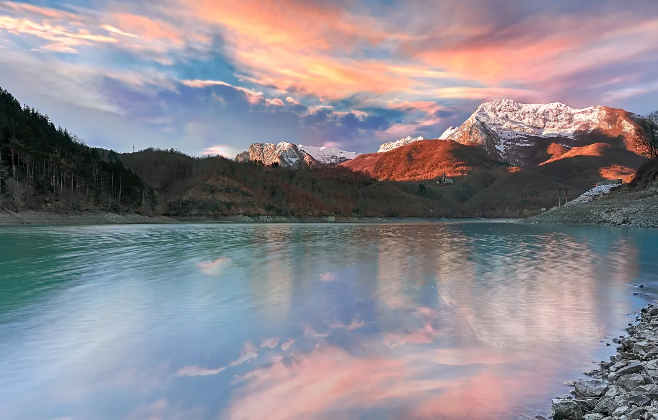 Photo wallpaper clouds, mountains, shore, pond
