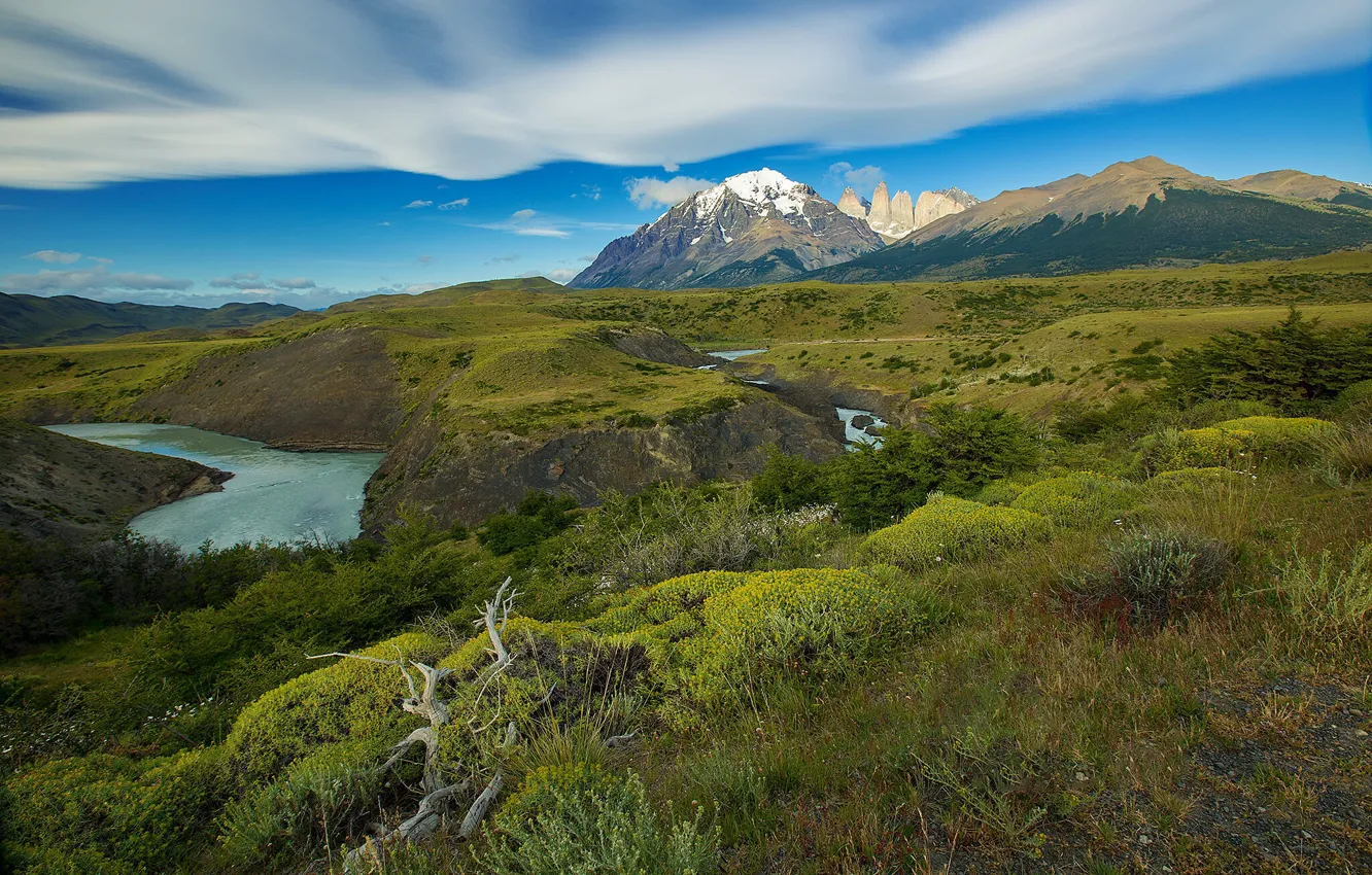 Photo wallpaper clouds, mountains, river, Chile, Patagonia