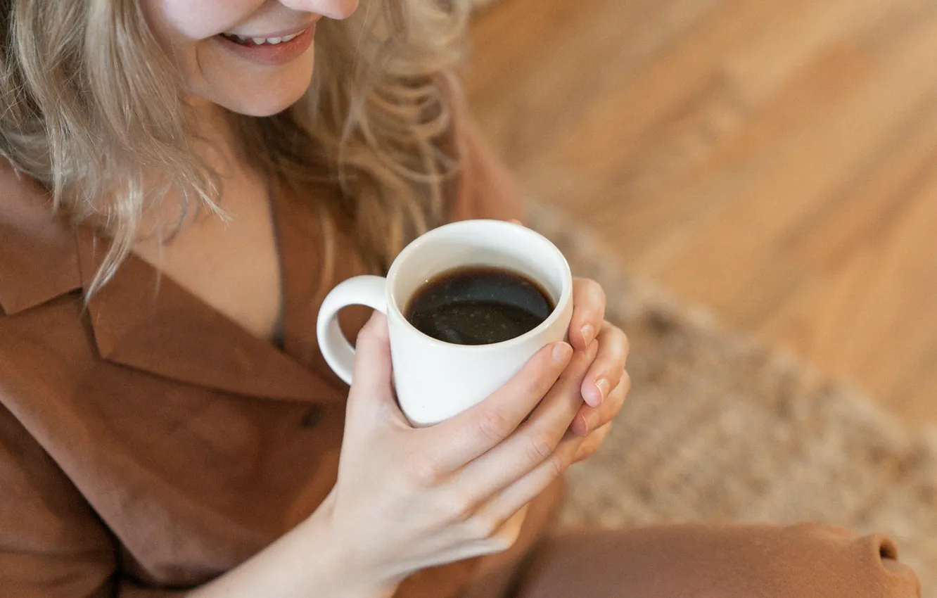 Photo wallpaper girl, smile, coffee, good mood, Holding a cup, High-Angle Shot, Woman Holding a Cup of …