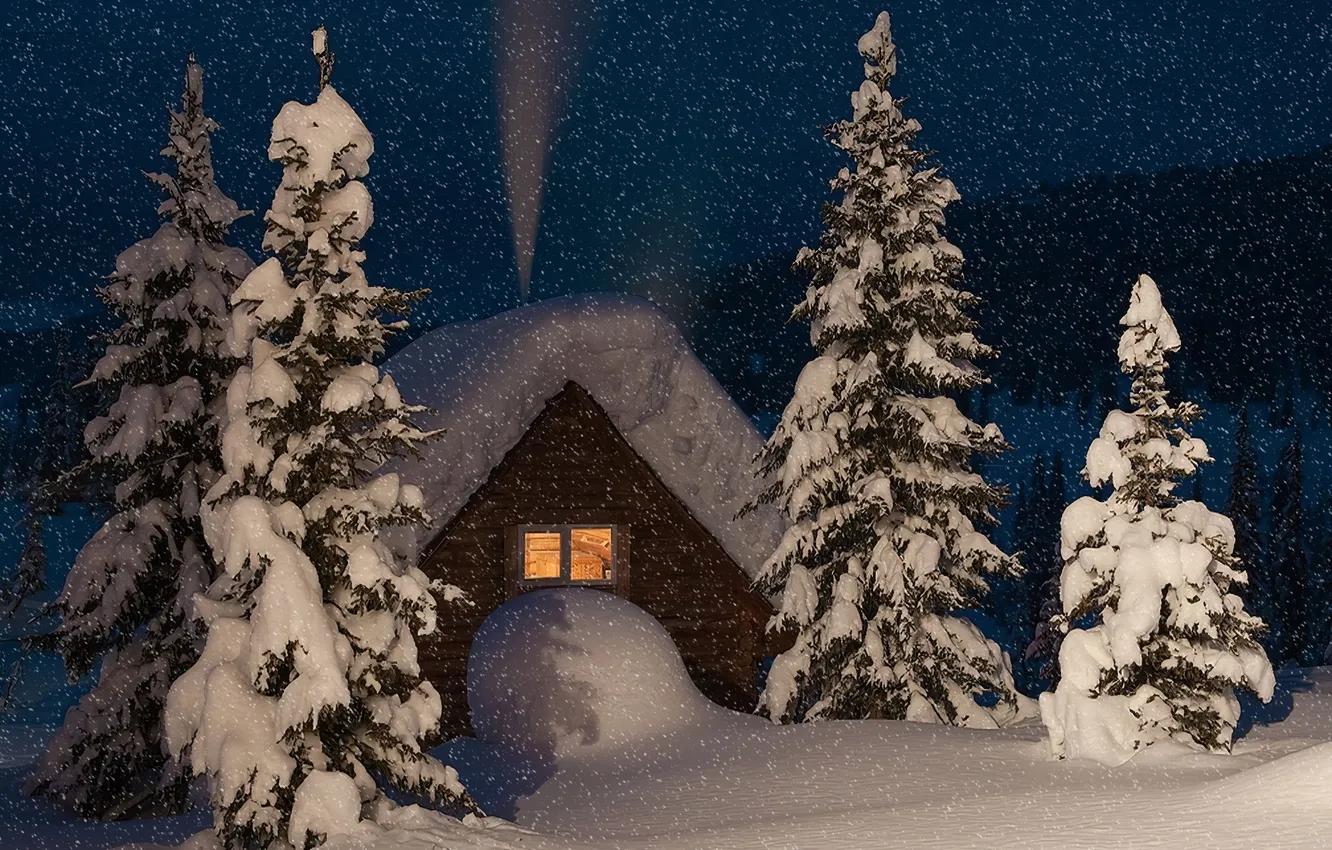 Photo wallpaper nature, the evening, house, house, snowfall, nature, evening, Snow trees
