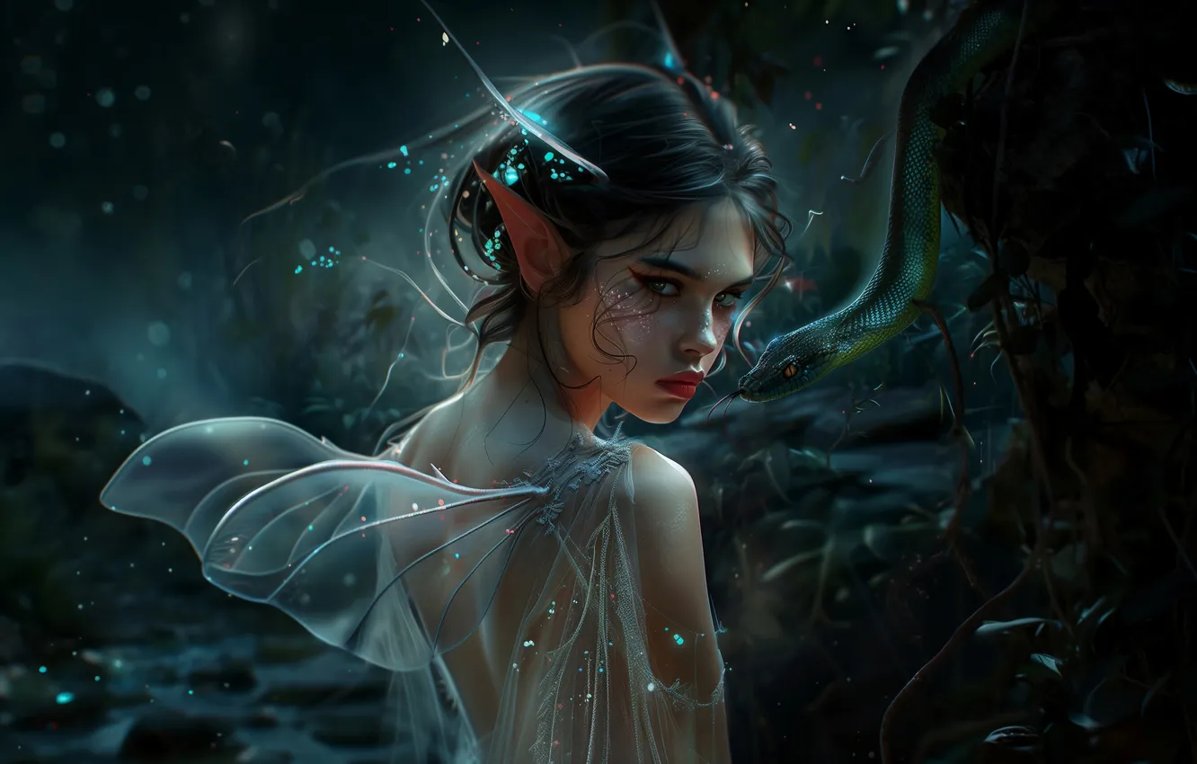 Photo wallpaper look, girl, night, darkness, back, wings, fantasy, elf
