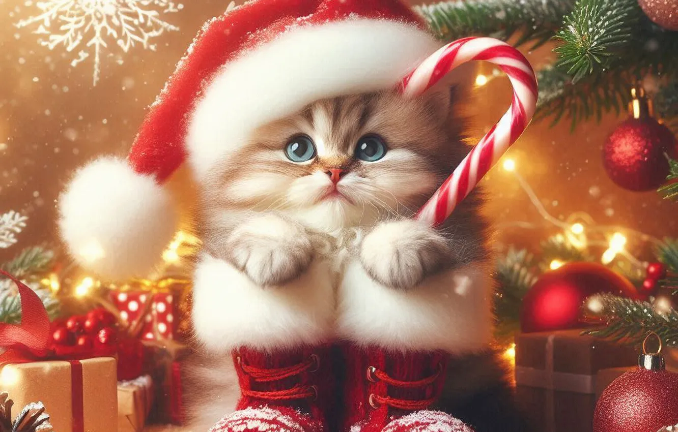 Photo wallpaper cat, look, pose, new year, Christmas, boots, kitty, face