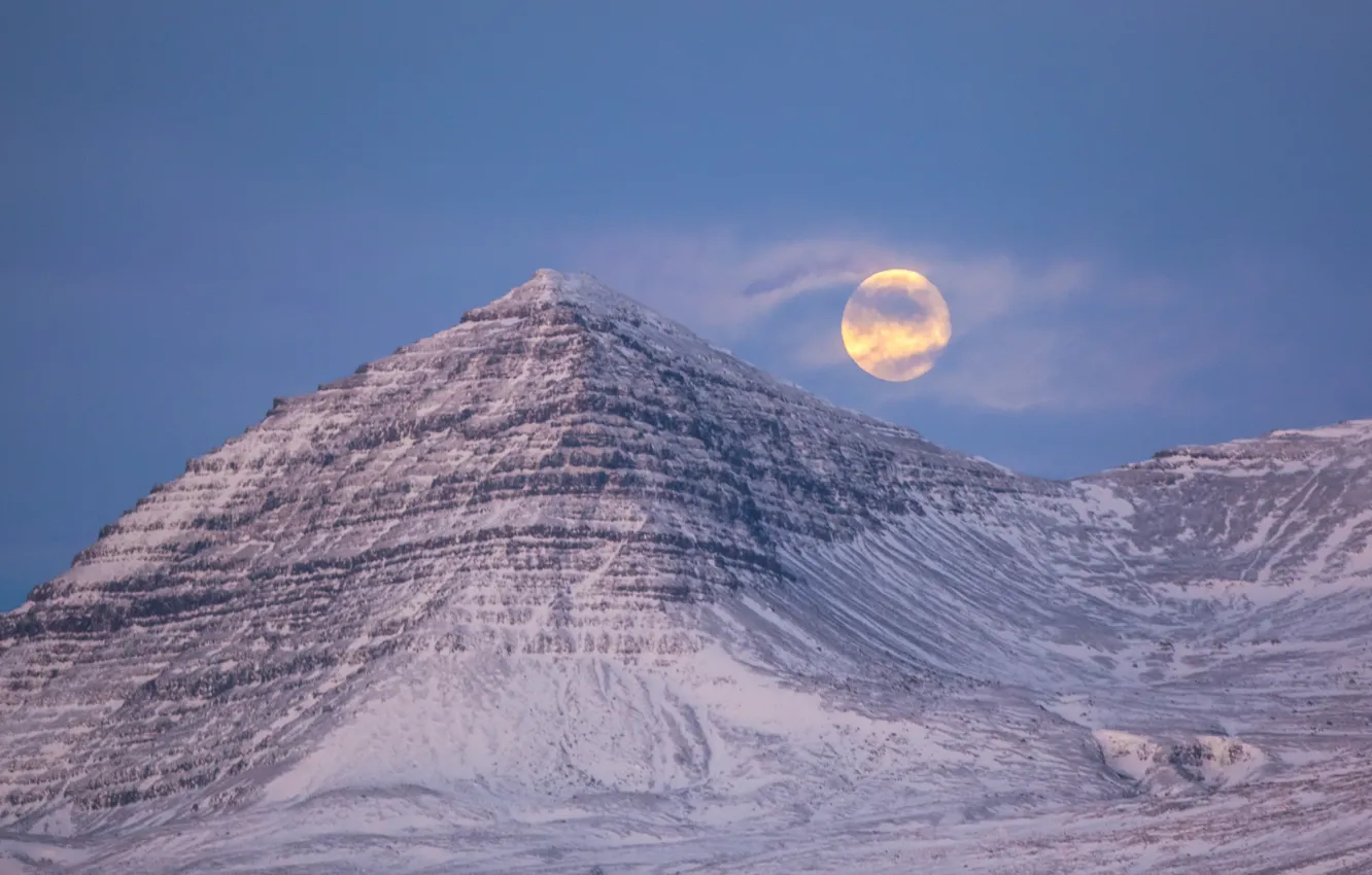 Photo wallpaper the sky, clouds, snow, night, the moon, mountain, haze, the full moon