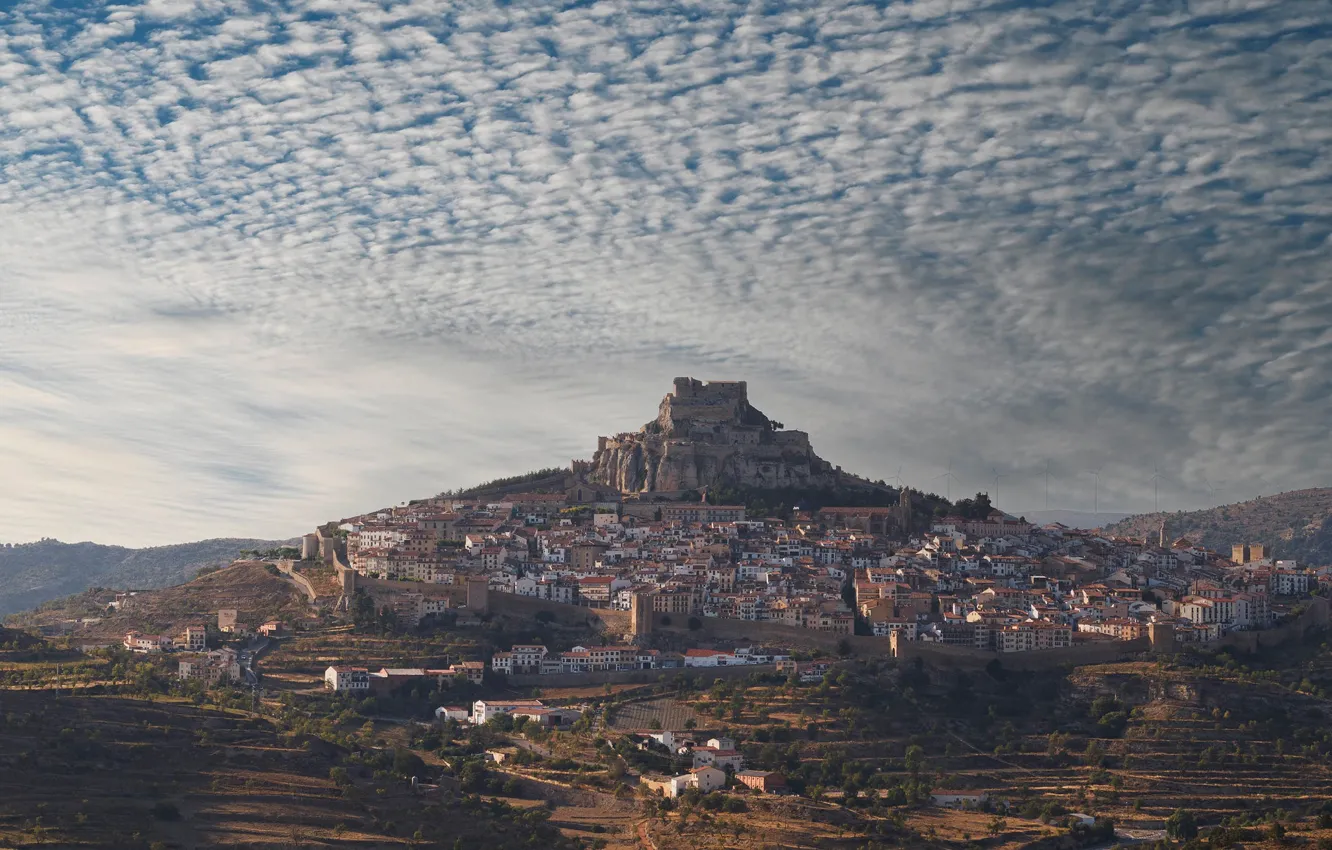 Photo wallpaper mountains, Spain, home, Morella, Morella, panorama, fortress, town