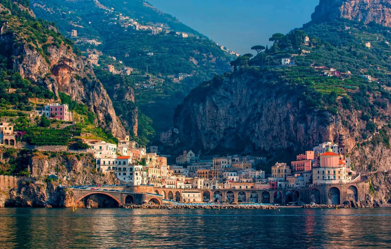 Photo wallpaper sea, mountains, the city, home, Italy