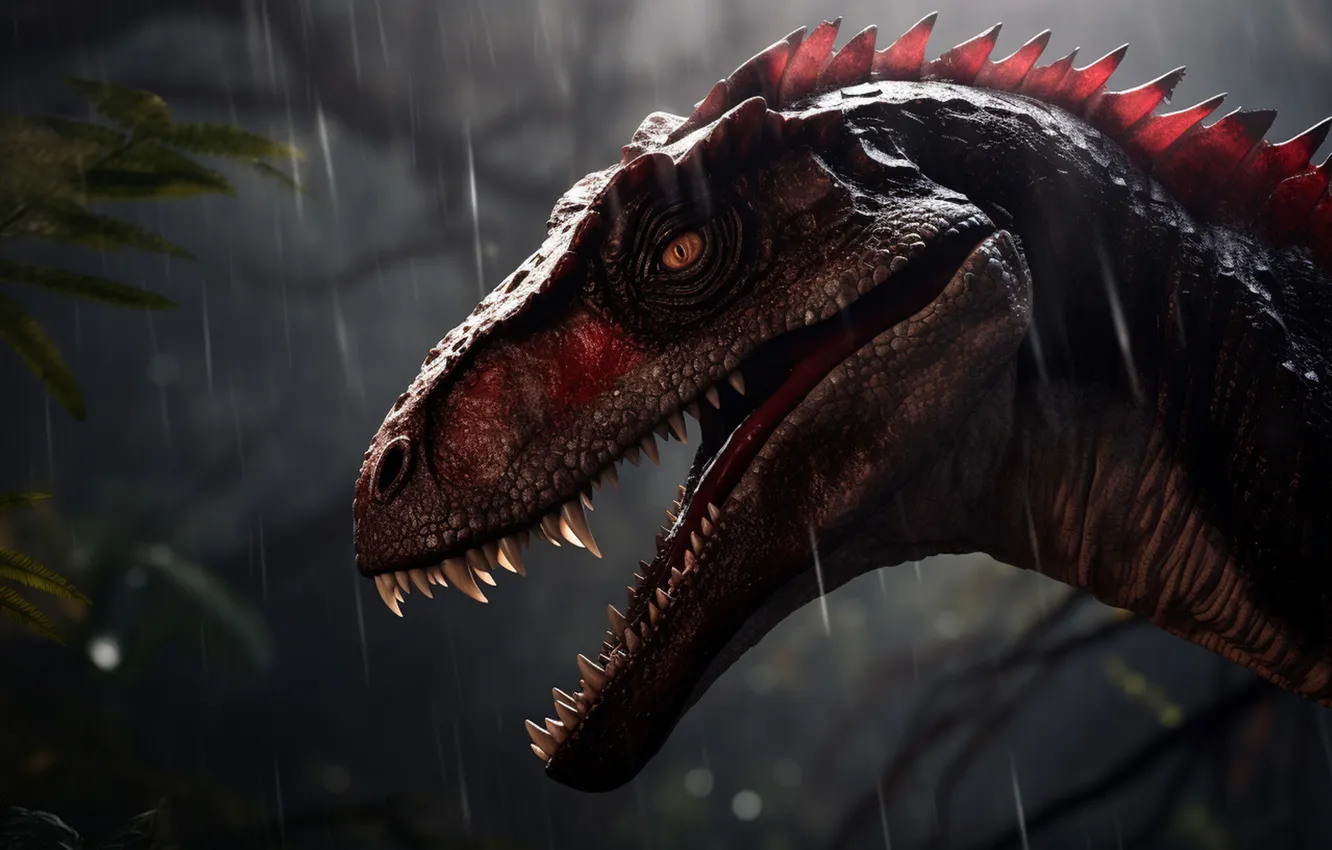 Photo wallpaper face, rain, animal, dinosaur, predator, teeth, side, closeup