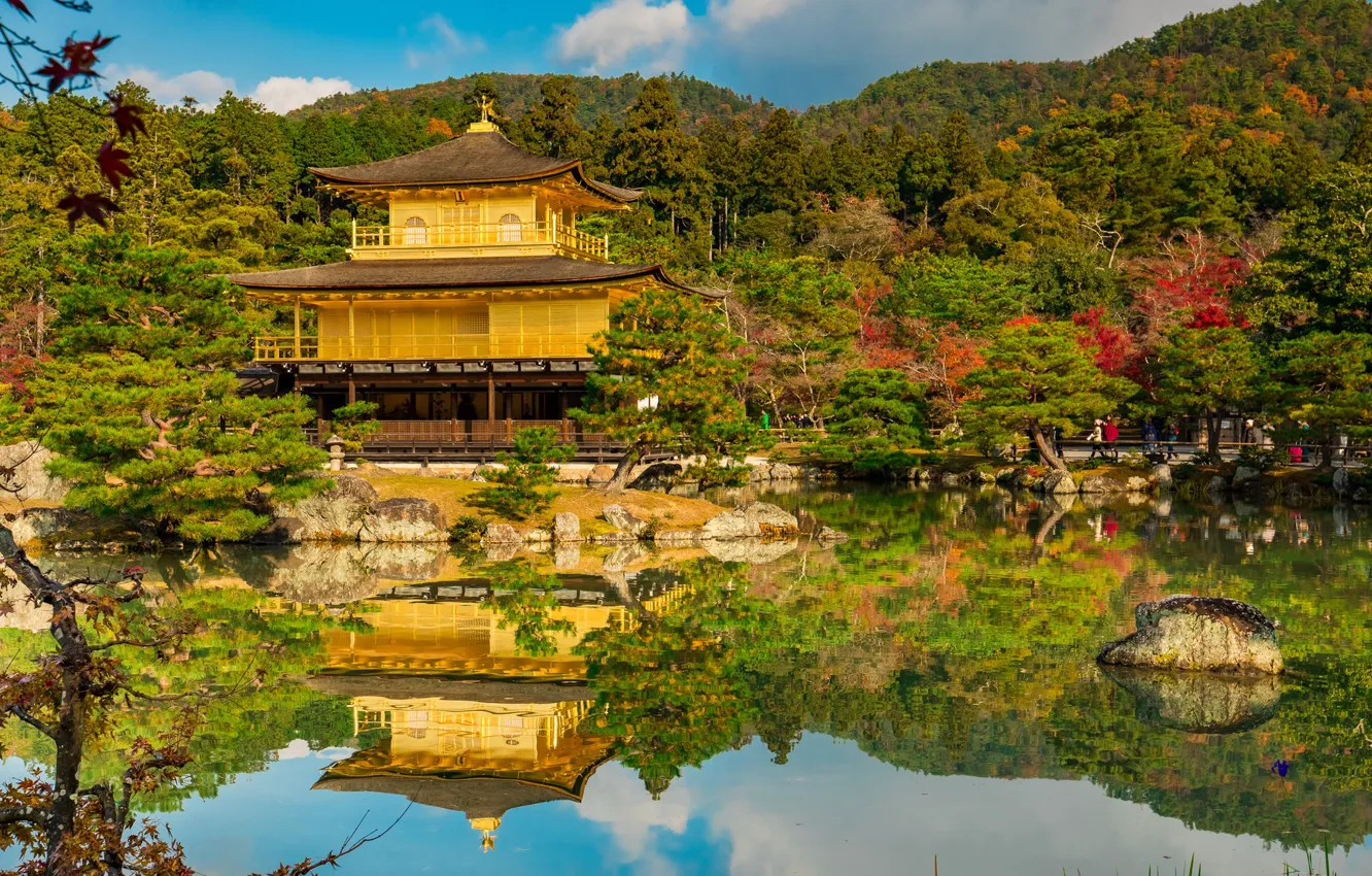 Photo wallpaper autumn, pond, reflection, Japan, garden, temple, Japan, Kyoto