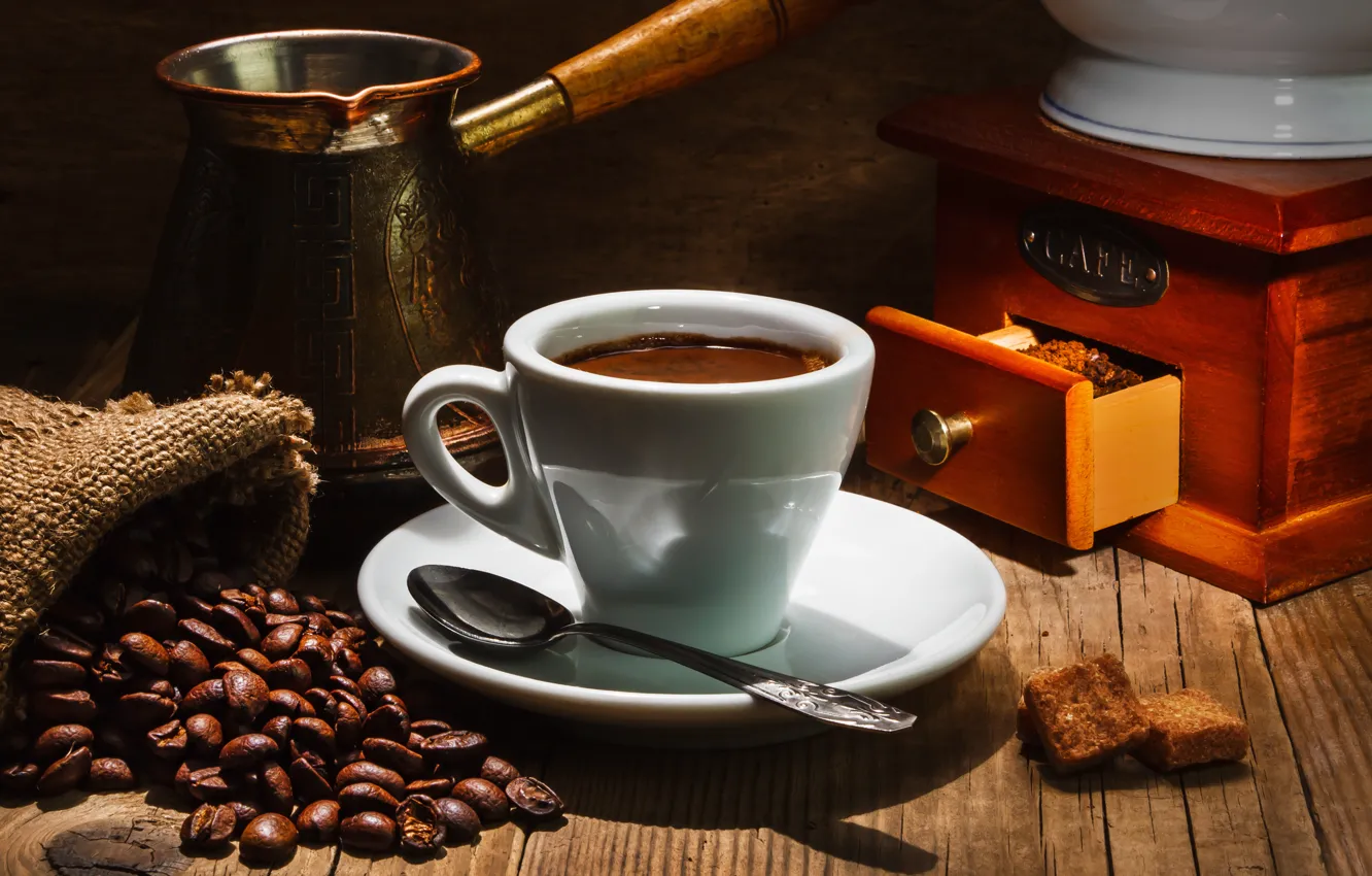 Photo wallpaper table, coffee, grain, spoon, Cup, saucer, pouch, box
