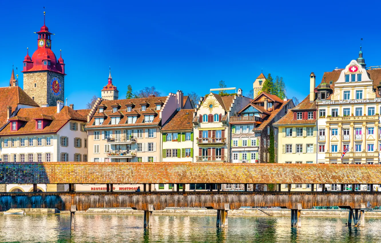Photo wallpaper bridge, river, building, home, Switzerland, Switzerland, Lucerne, Lucerne