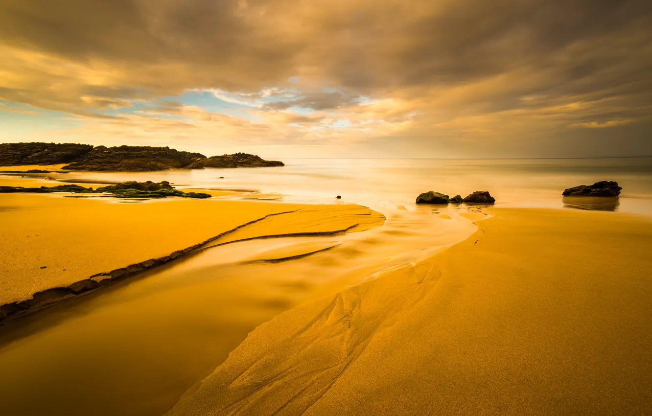 Photo wallpaper sand, sea, the sky, clouds, sunset, stones, rocks, shore