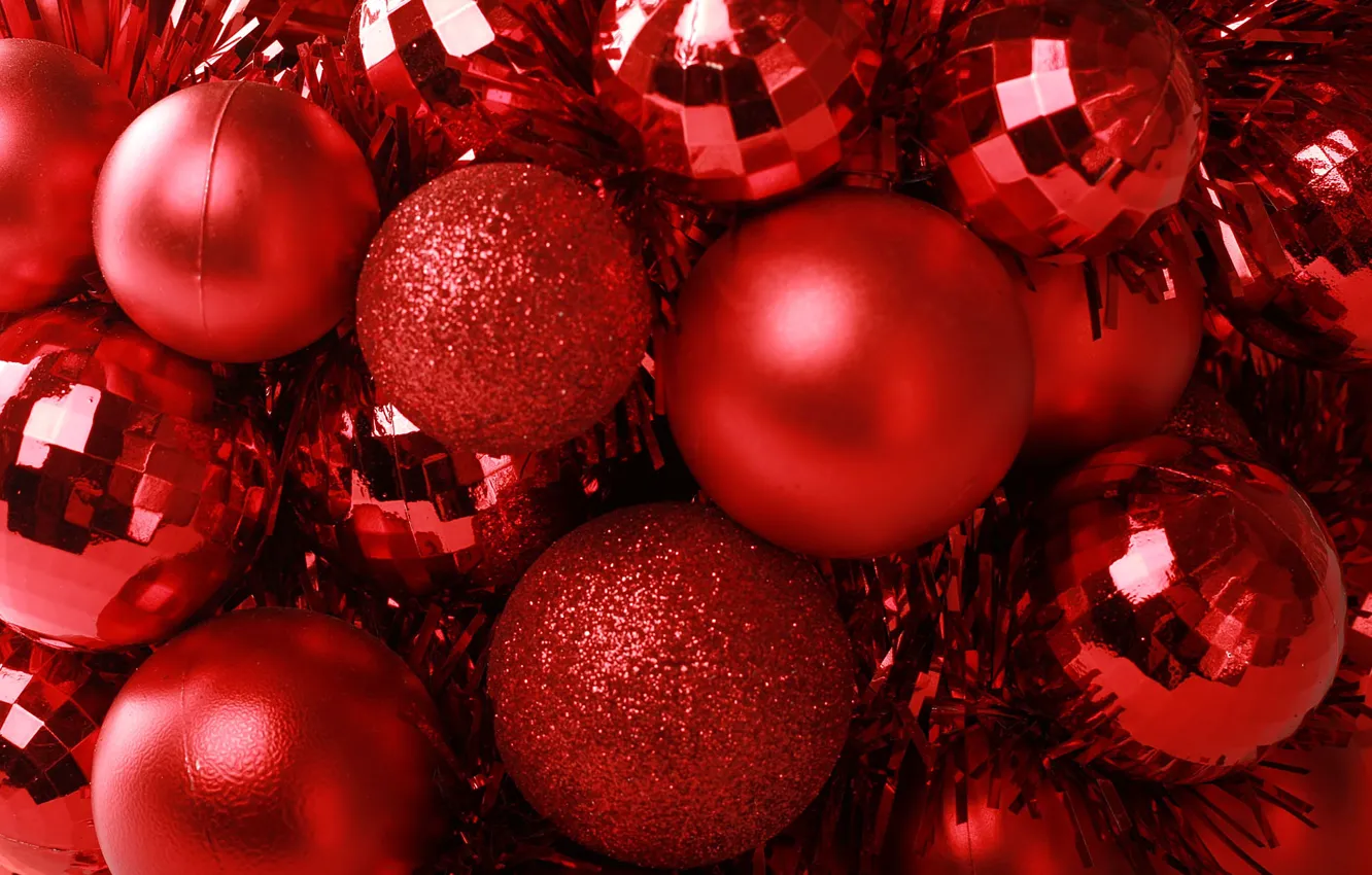 Photo wallpaper balls, red, tinsel
