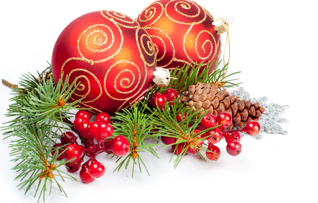 Photo wallpaper berries, balls, patterns, toys, spruce, New Year, Christmas, red