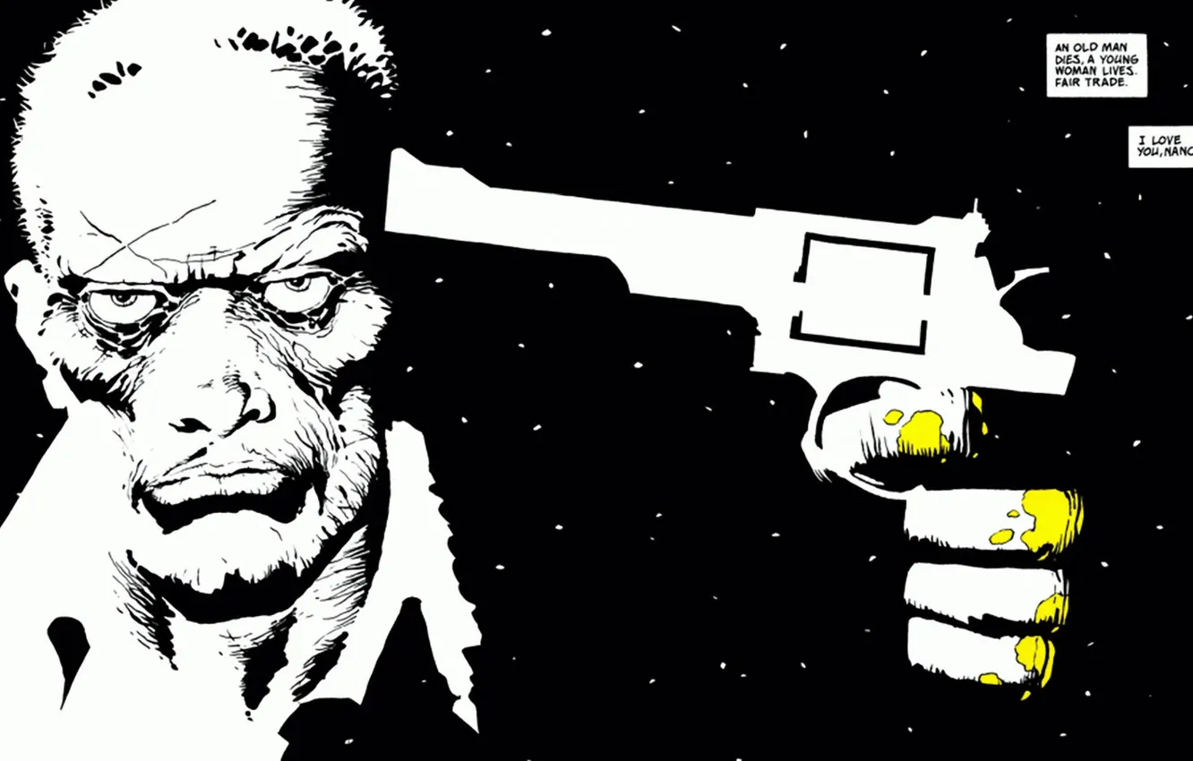 Photo wallpaper white, gun, black, minimalism, Sin City, quote, comic, Sin city