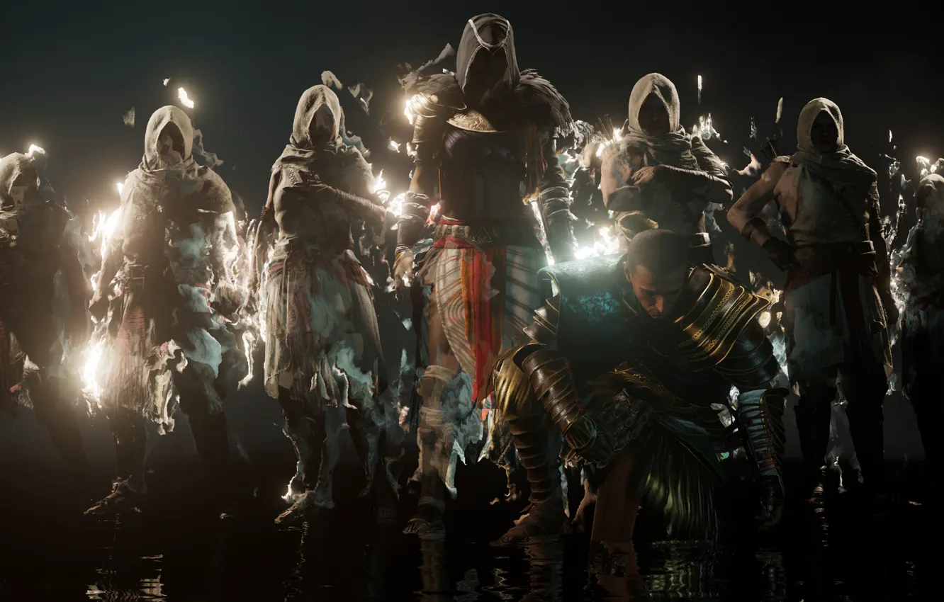 Photo wallpaper Assassins, standing, arms crossed, hoods, Assassin Creed Origins, video game characters