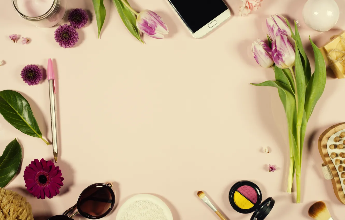 Photo wallpaper flowers, style, glasses, phone, cosmetics