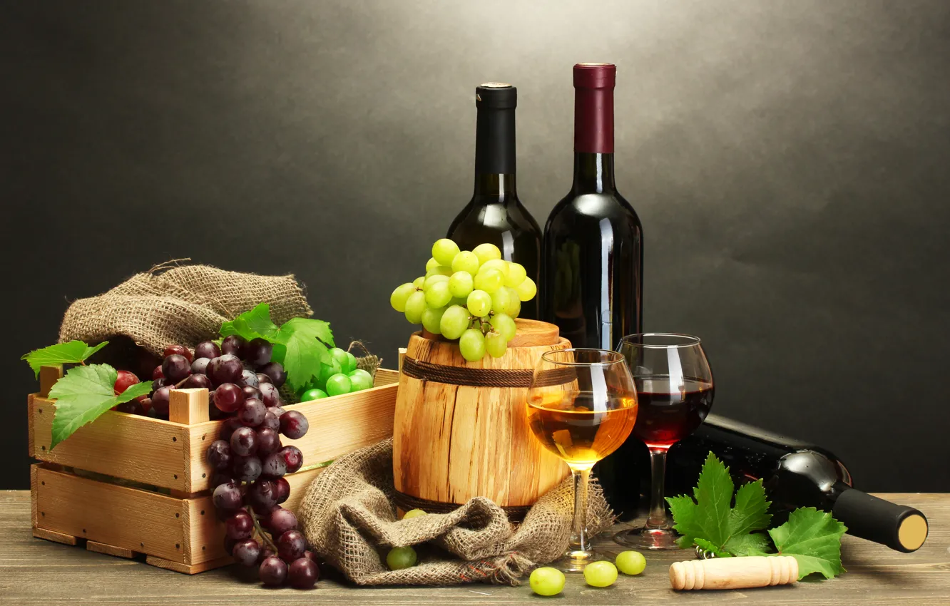 Photo wallpaper white, leaves, red, table, wine, bottle, grapes, box