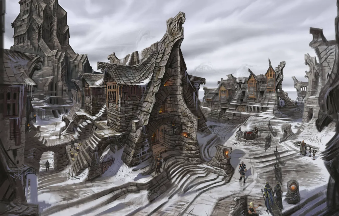 Photo wallpaper winter, snow, the city, people, Skyrim, concept art, The Elder Scrolls V, Of windhelm