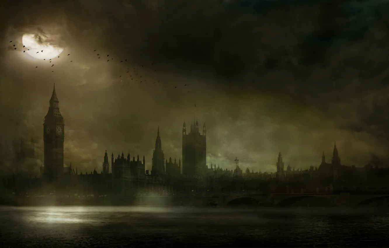 Photo wallpaper night, bridge, river, London, tower, Thames, Big Ben, The Testament of Sherlock Holmes