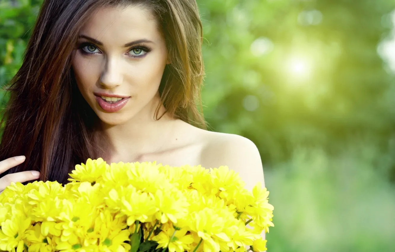 Photo wallpaper green, girl, flower, green eyes, yellow, face, brunette, Woman