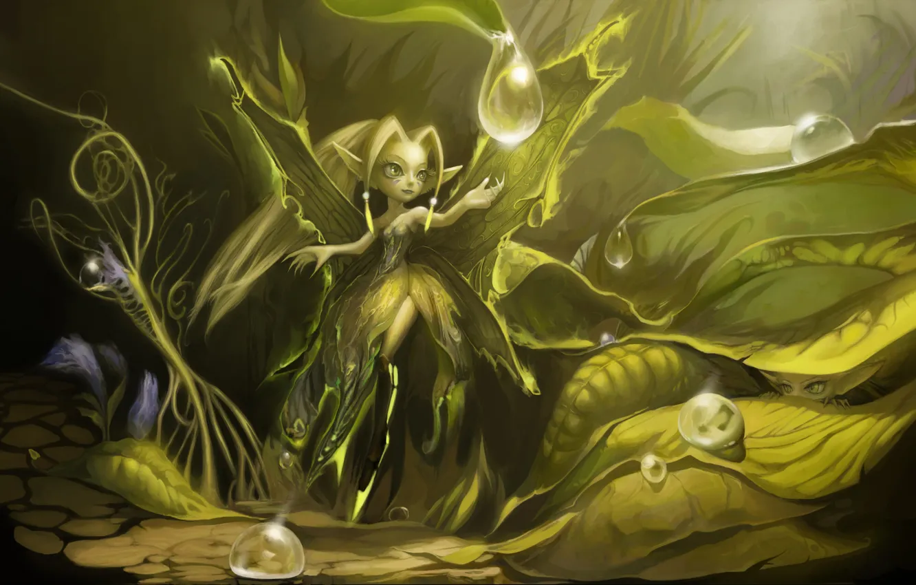 Photo wallpaper forest, leaves, drops, Rosa, wings, fairy, art, ears