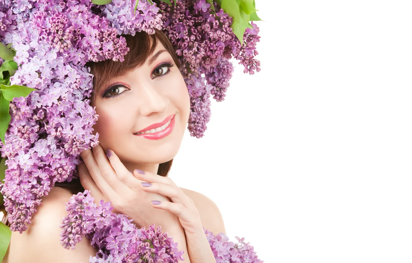Photo wallpaper look, girl, smile, brown hair, lilac, kareglazaya