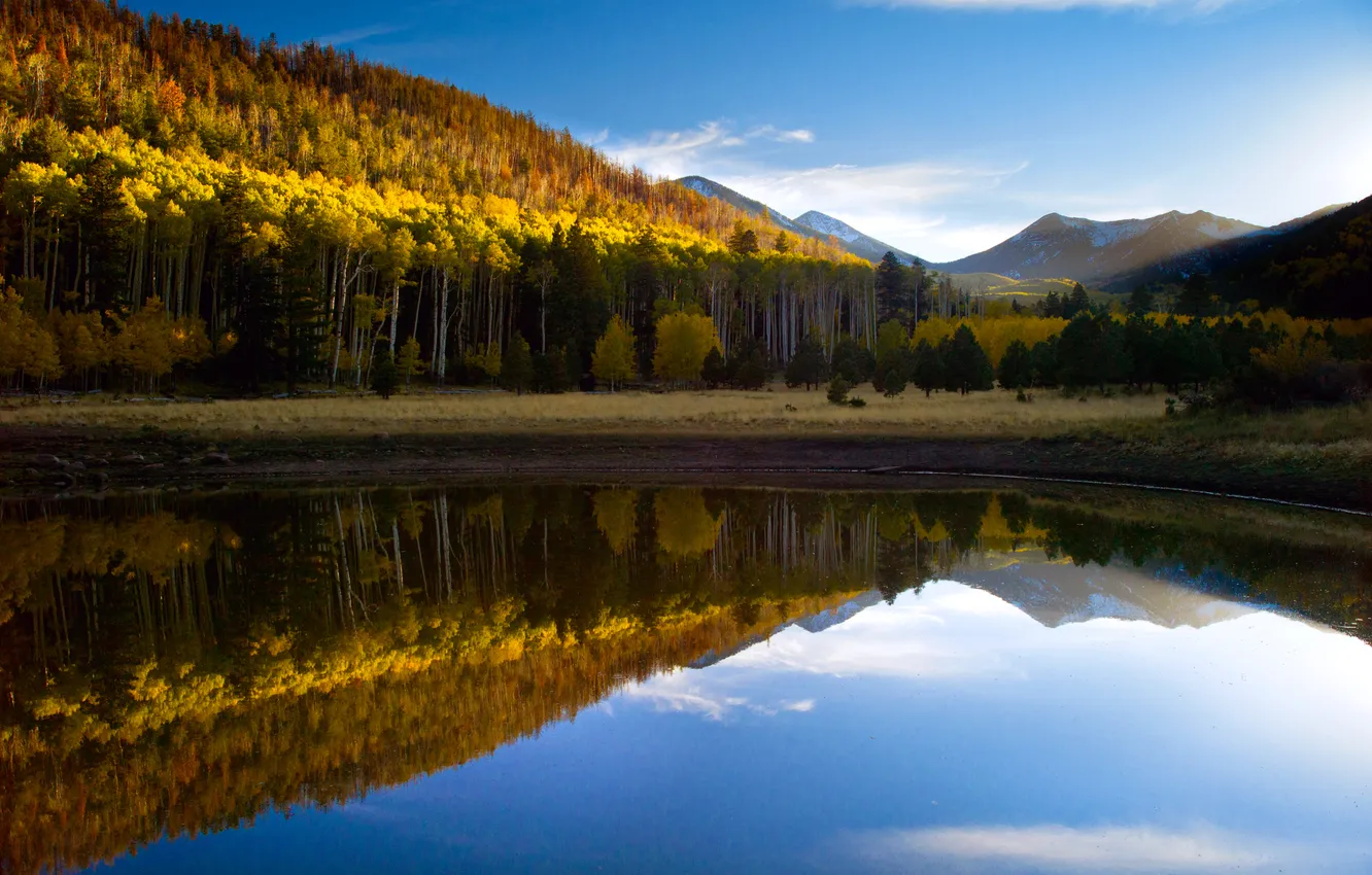 Photo wallpaper autumn, forest, mountains, lake, reflection