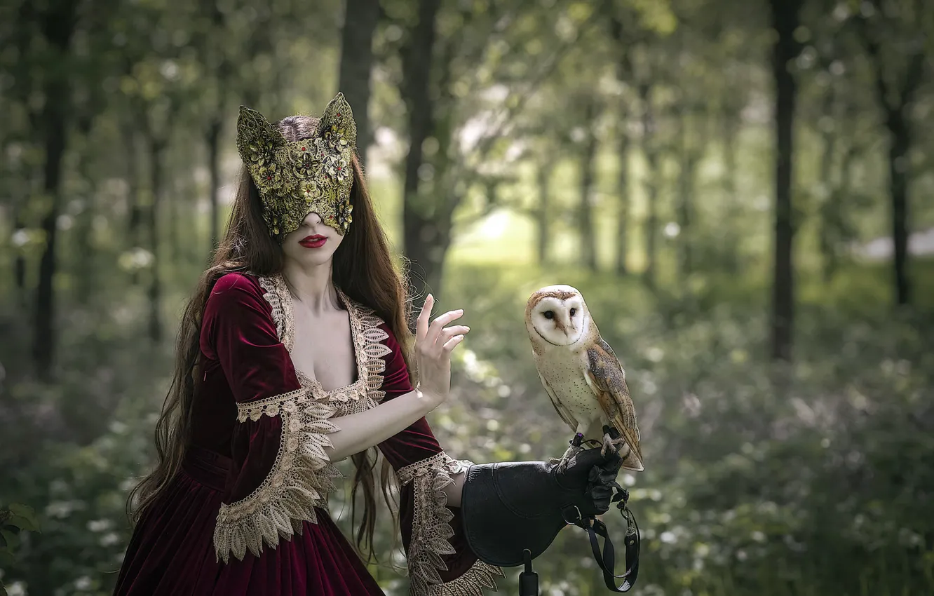 Photo wallpaper girl, owl, mask