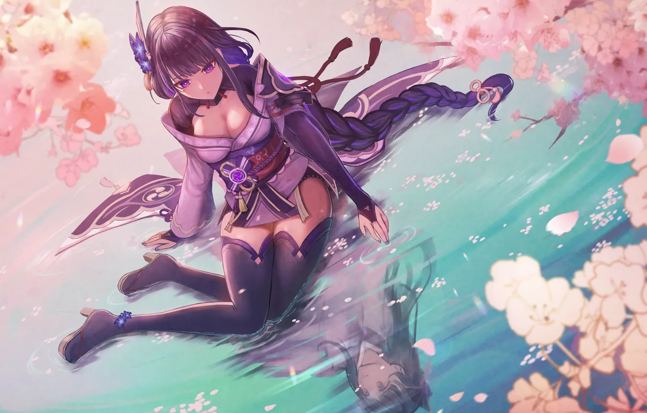 Photo wallpaper water, flowers, reflection, Genshin Impact, Raiden Shogun, Raiden Makoto