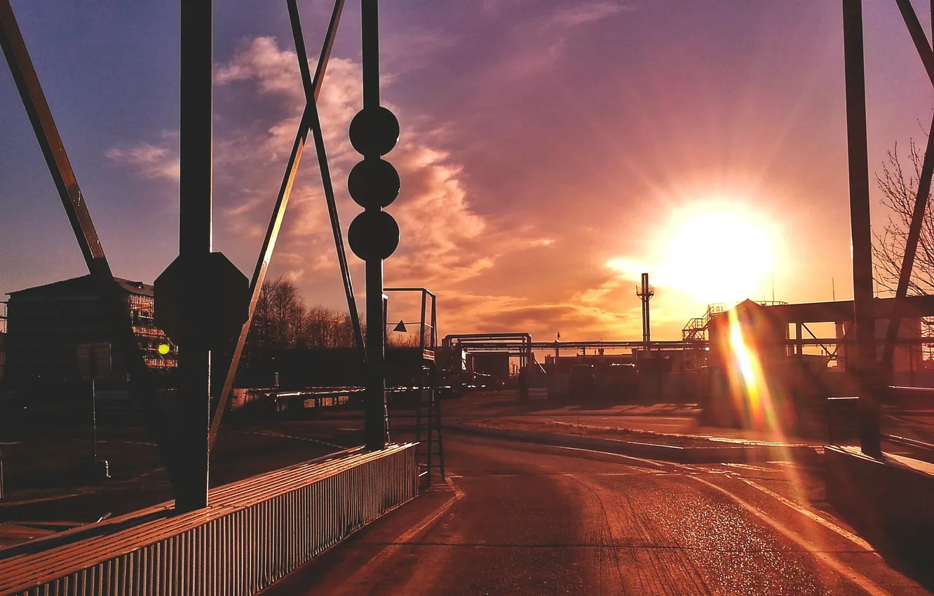 Photo wallpaper the sun, rays, sunset, the city, sign, base, object, post