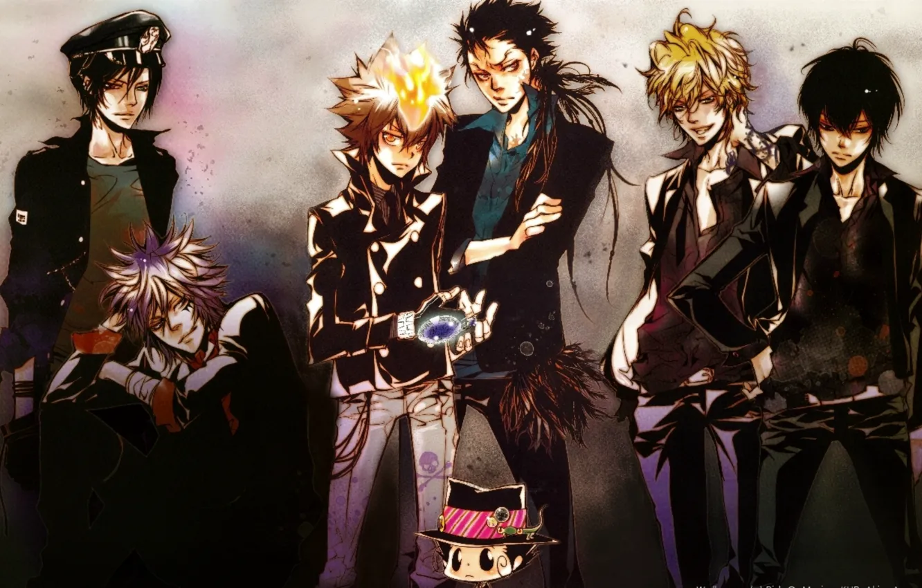 Photo wallpaper flame, gloves, guys, cap, mafia, katekyo Hitman reborn, reborn, arcobaleno