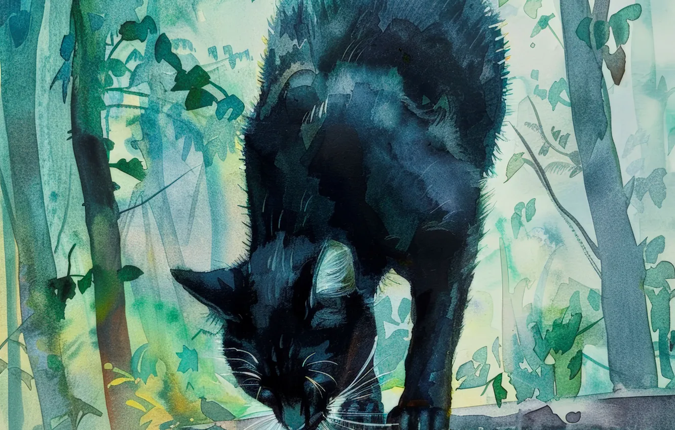 Photo wallpaper cat, cat, trees, stones, black, art, digital art, imitation painting