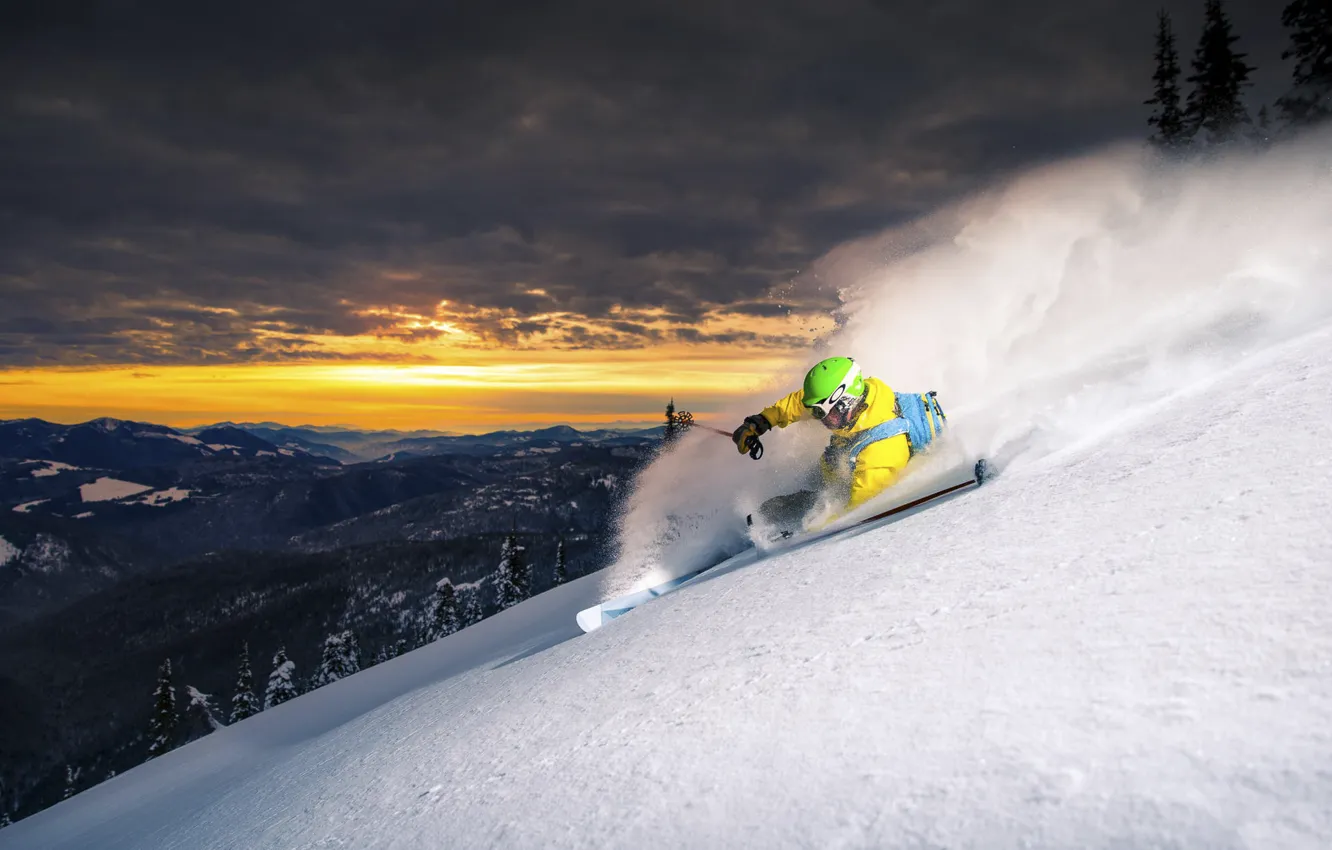 Photo wallpaper snow, mountains, the descent, skier