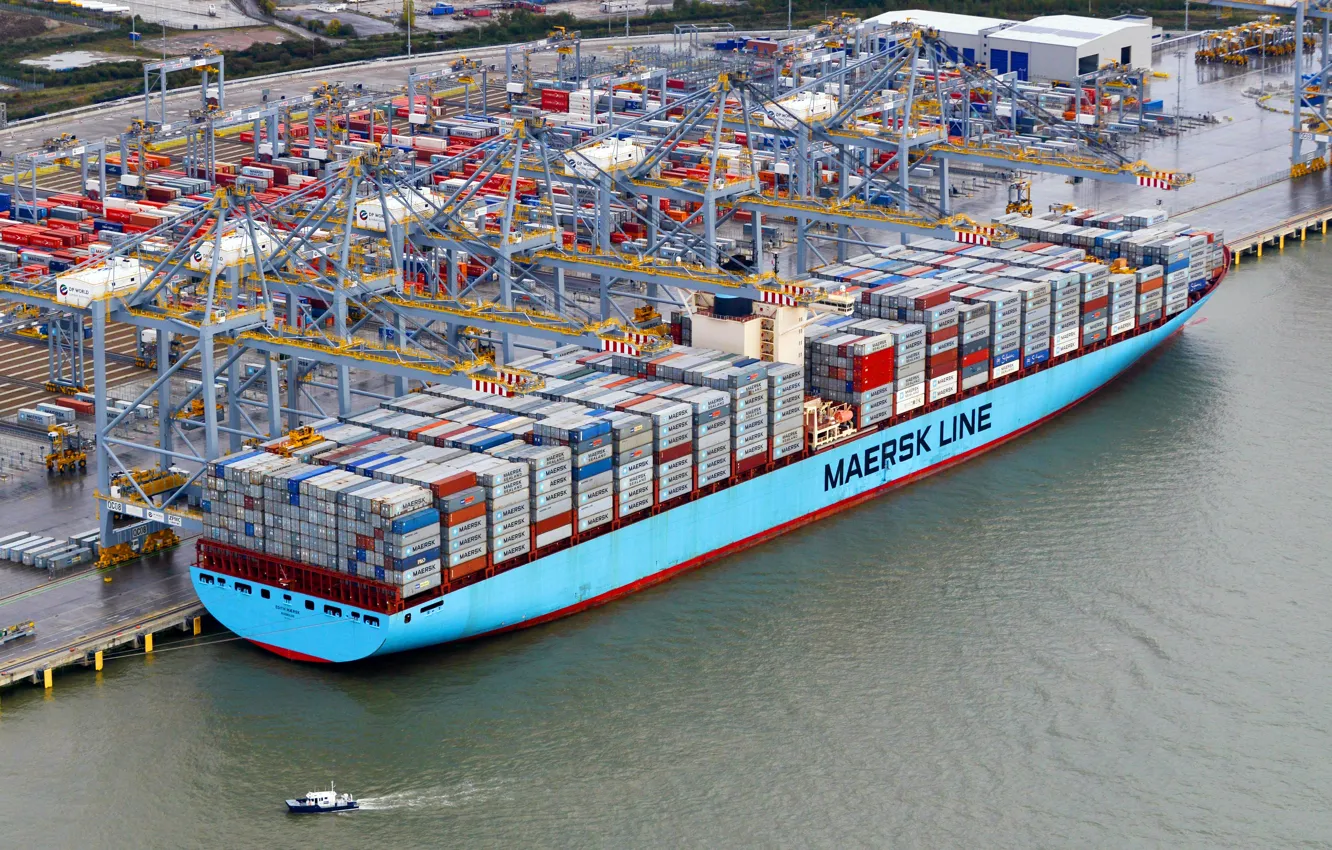 Photo wallpaper Port, The ship, Line, Cargo, A container ship, Cranes, Terminal, Maersk