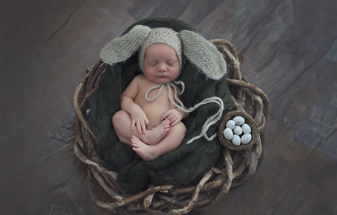 Photo wallpaper branches, hat, sleep, eggs, boy, ears, baby