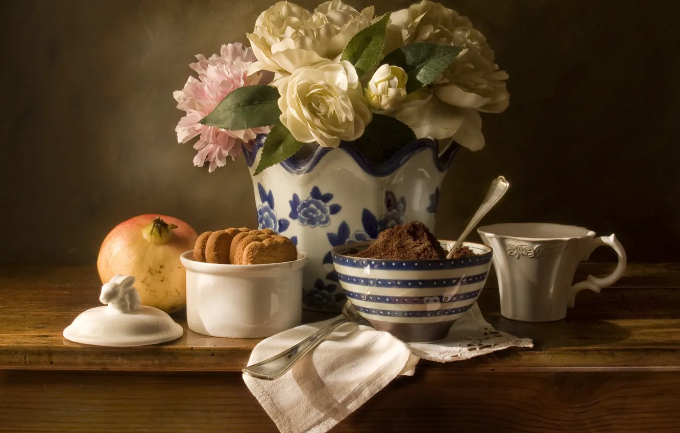 Photo wallpaper flowers, bouquet, cookies, still life, garnet, Gardenia