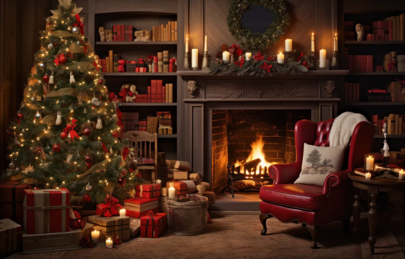 Photo wallpaper lights, comfort, heat, room, flame, furniture, new year, home